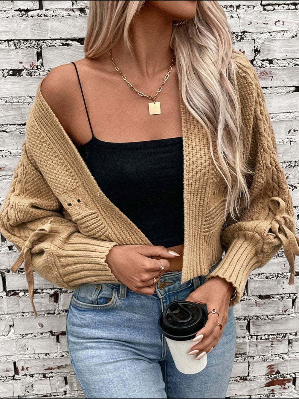 Cable-Knit Tied Open Front Lantern Sleeve Cardigan - Trendsi - Flyclothing LLC