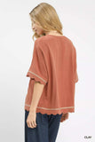 Umgee Linen Blend Scallop Trim Top - Trendsi - Flyclothing LLC