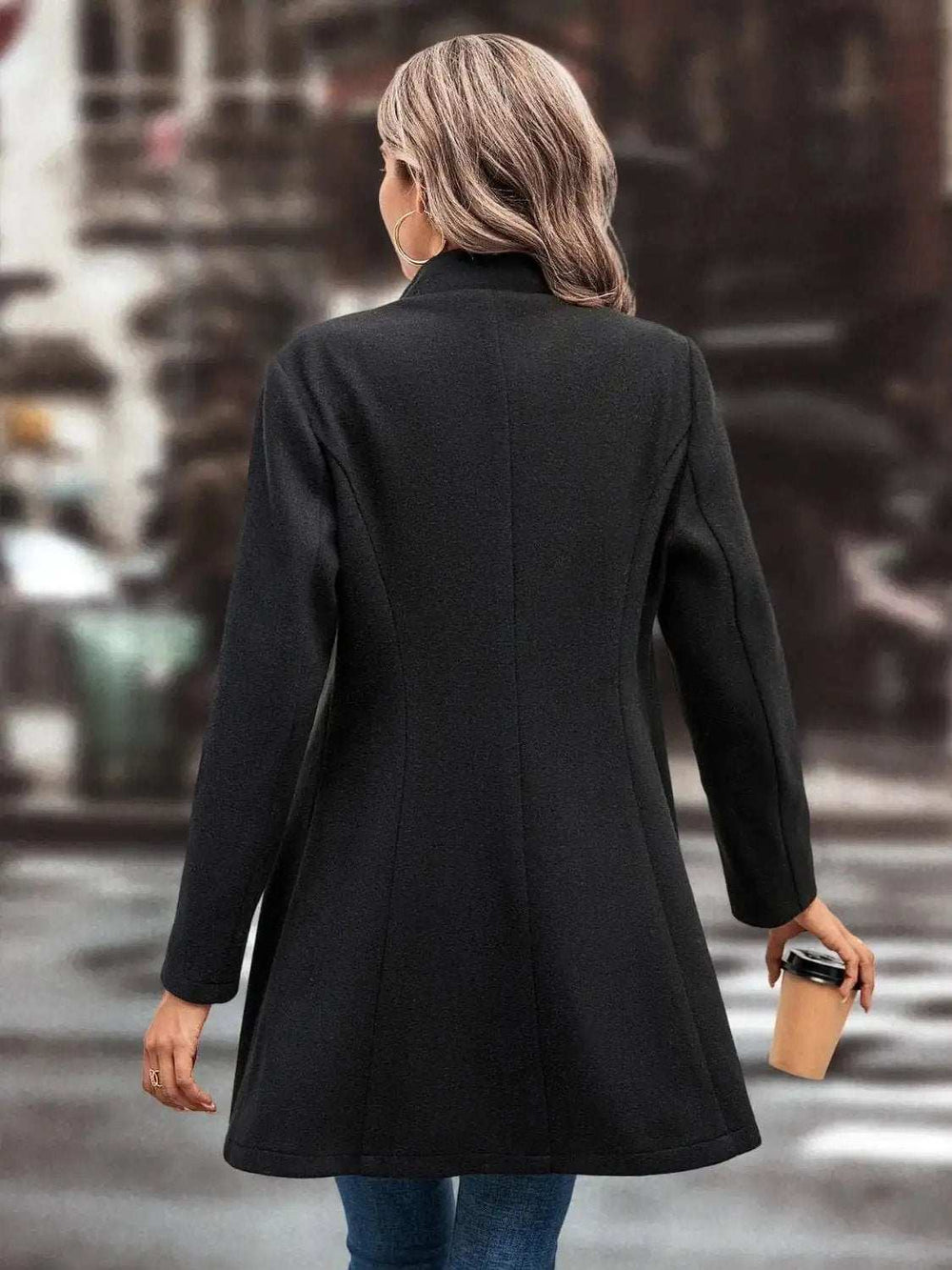 Collared Neck Long Sleeve Longline Coat - Trendsi - Flyclothing LLC