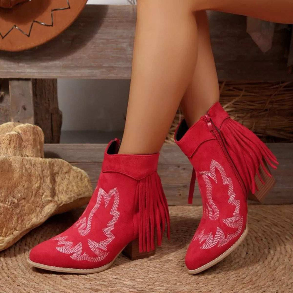 Fringe Point Toe Block Heels Boots - Trendsi - Flyclothing LLC