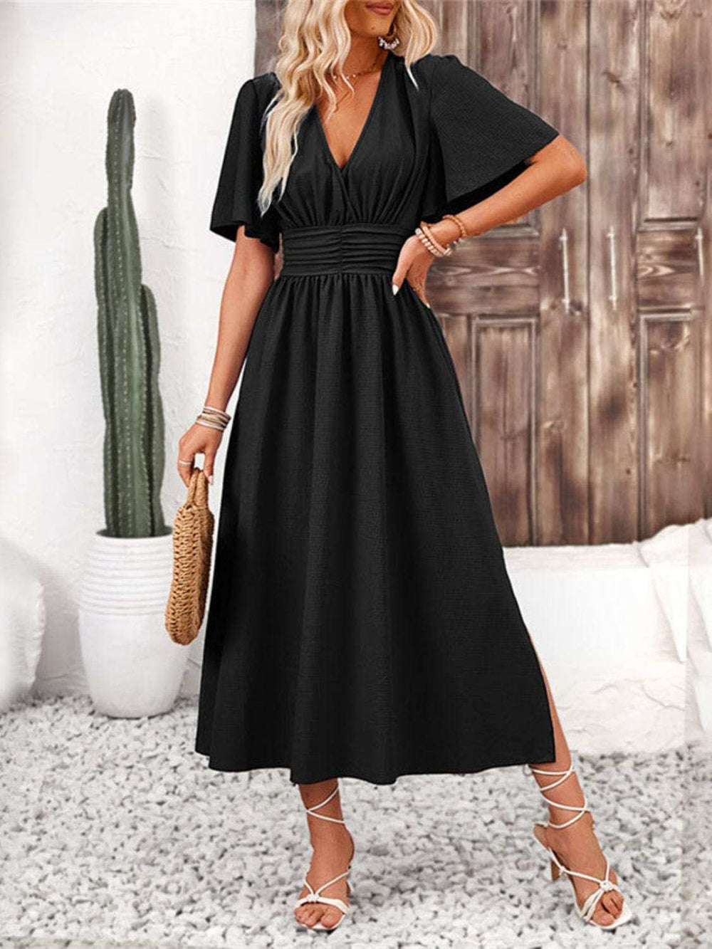 Side Slit Surplice Flutter Sleeve Midi Dress - Trendsi - Flyclothing LLC