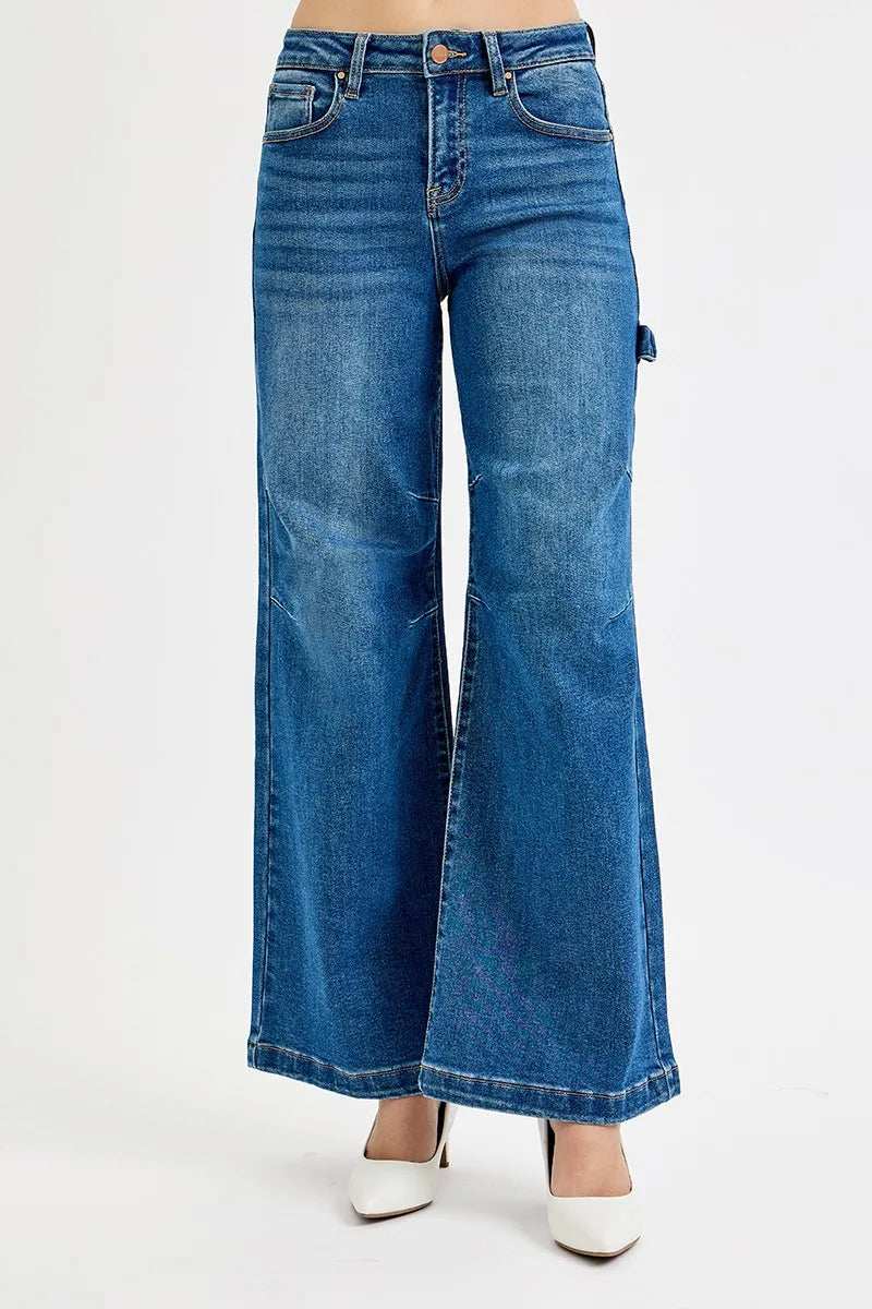 RISEN Full Size High Rise Wide Leg Patch Detailed Jeans Plus Size - Trendsi - Flyclothing LLC