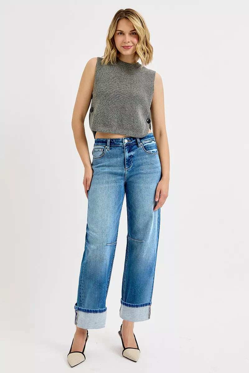 RISEN Slouchy Crop Barrel Cuffed Jeans - Trendsi - Flyclothing LLC