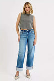 RISEN Slouchy Crop Barrel Cuffed Jeans - Trendsi - Flyclothing LLC