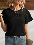 Round Neck Short Sleeve Crochet Top - Trendsi - Flyclothing LLC