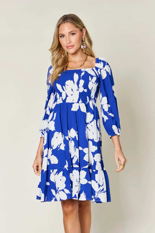 Double Take Full Size Floral Ruffle Hem Smocked Dress with Pockets - Trendsi - Flyclothing LLC