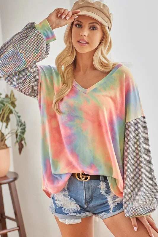 BiBi V Neck Tie Dye French Terry Top with Shiny - Trendsi - Flyclothing LLC