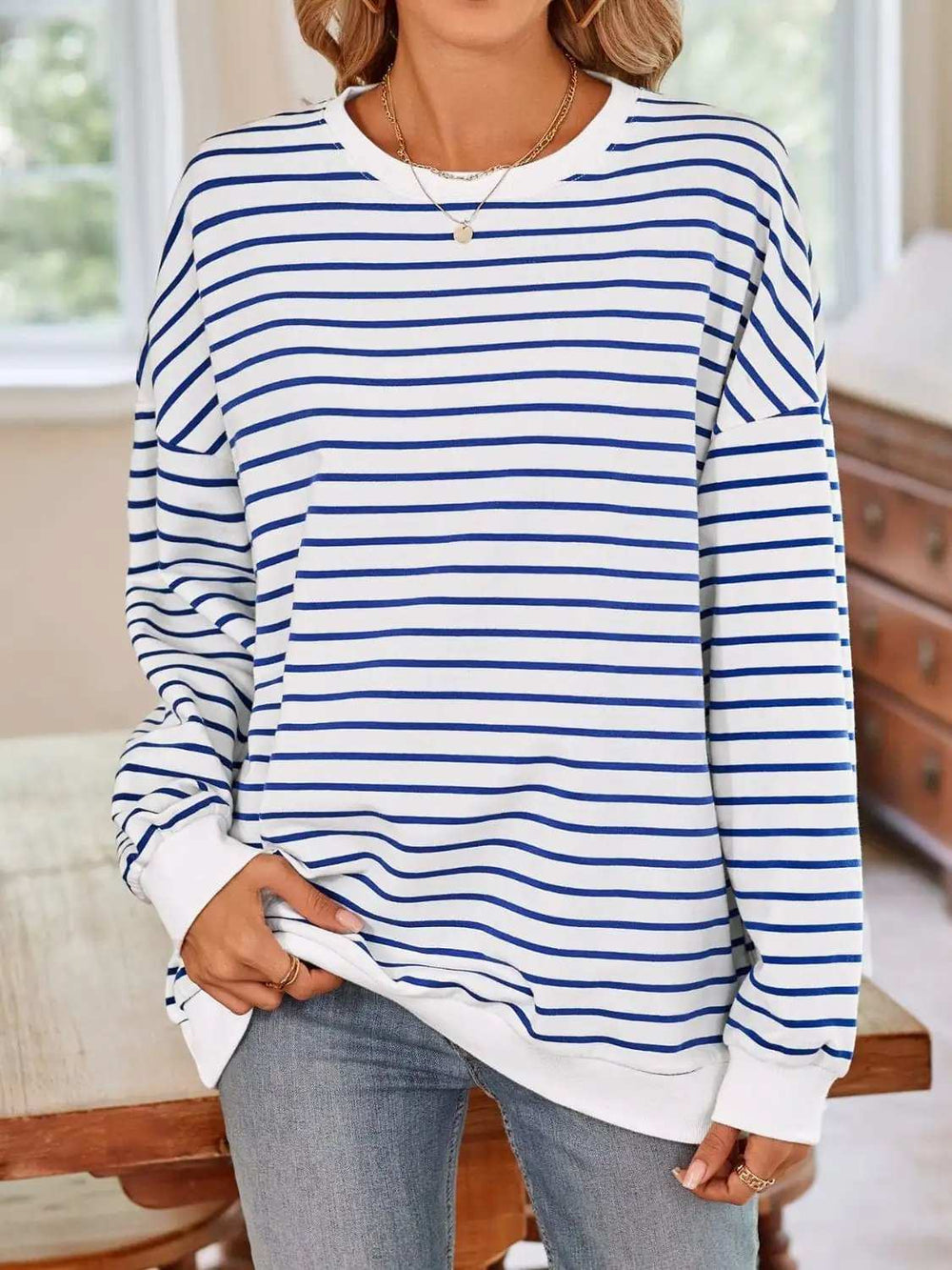 Striped Round Neck Long Sleeve Sweatshirt - Trendsi - Flyclothing LLC