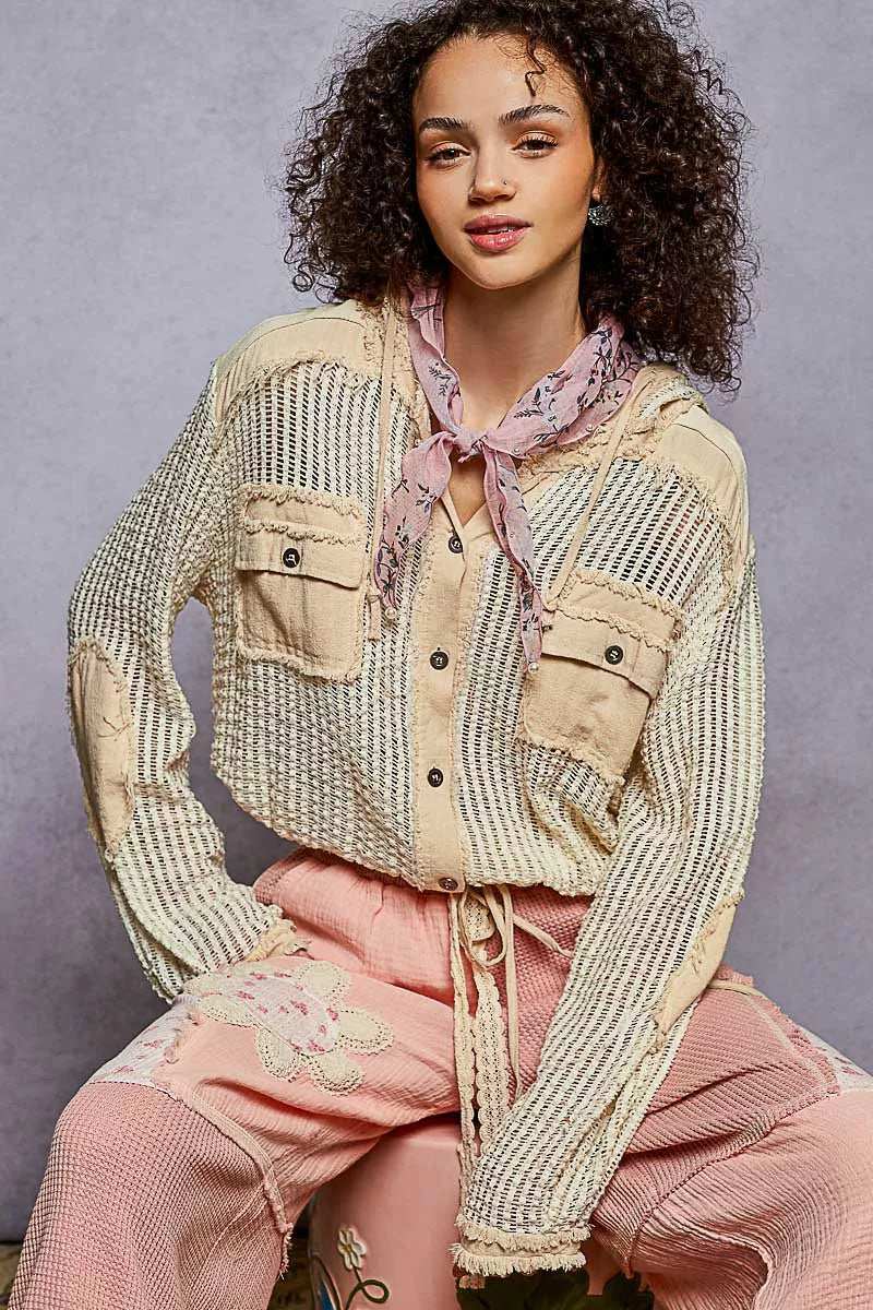 POL Texture Woven Button Down Hooded Shirt with Drawstring Hem - Trendsi - Flyclothing LLC