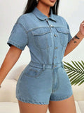 Collared Neck Short Sleeve Denim Romper - Trendsi - Flyclothing LLC