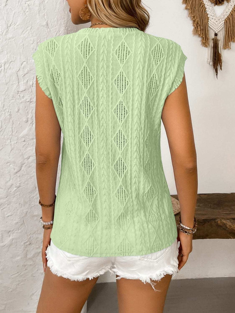 Eyelet Round Neck Cap Sleeve Top - Trendsi - Flyclothing LLC