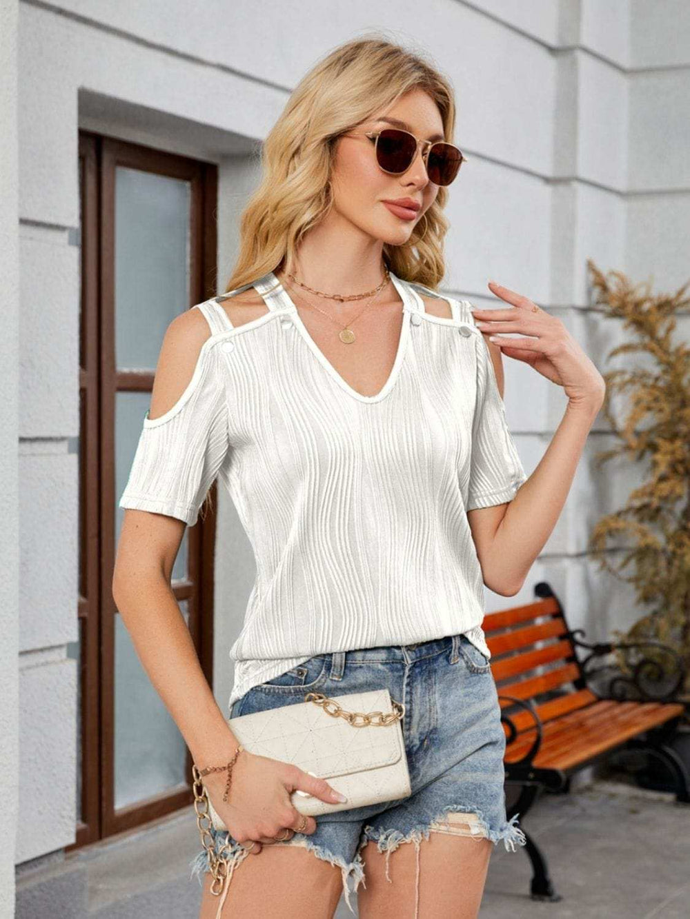 Textured V-Neck Cold Shoulder Top - Trendsi - Flyclothing LLC