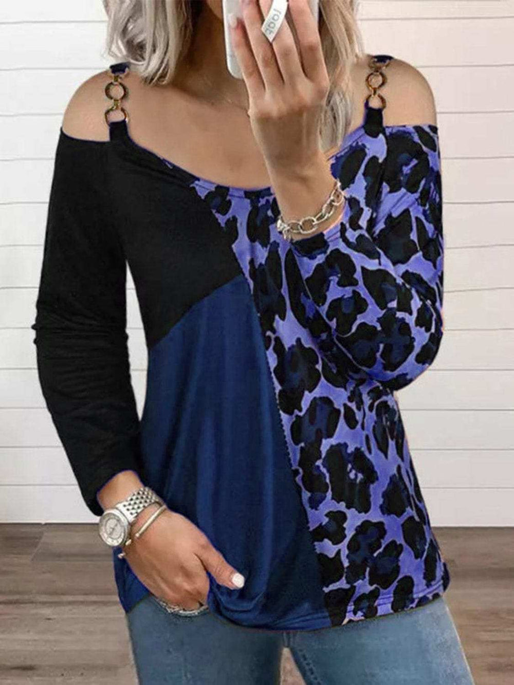 Full Size Leopard Cold Shoulder Long Sleeve T-Shirt - Trendsi - Flyclothing LLC