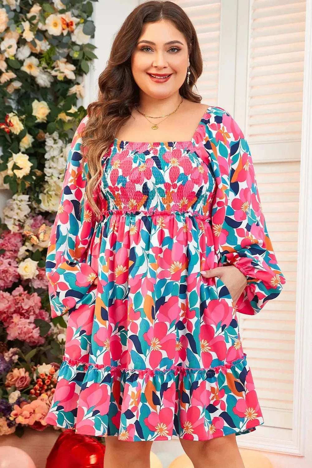 Plus Size Smocked Floral Square Neck Balloon Sleeve Dress - Trendsi - Flyclothing LLC