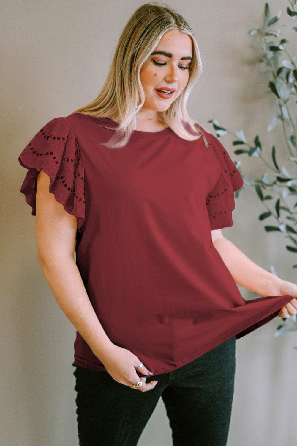 Plus Size Eyelet Round Neck Short Sleeve Blouse - Trendsi - Flyclothing LLC