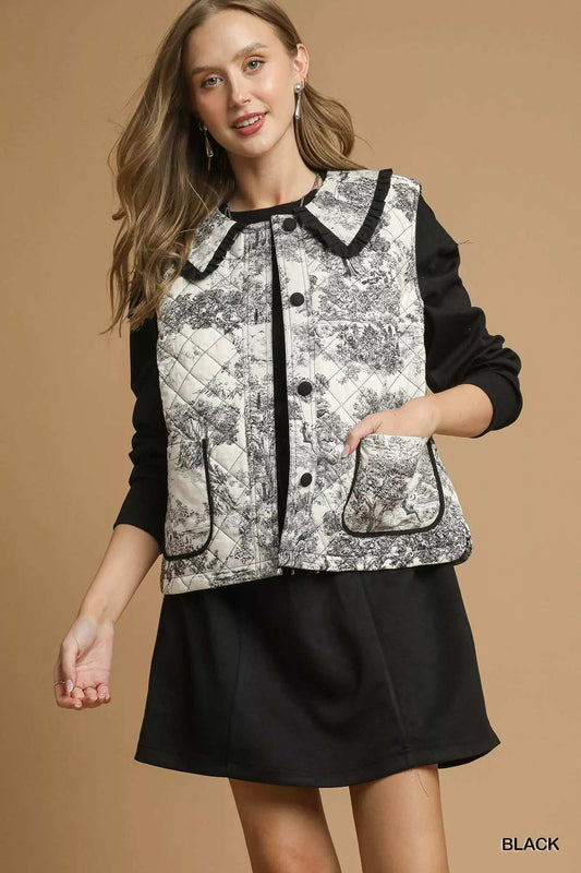 Umgee Toile Quilted Vest with Ruffle Collar - Trendsi - Flyclothing LLC