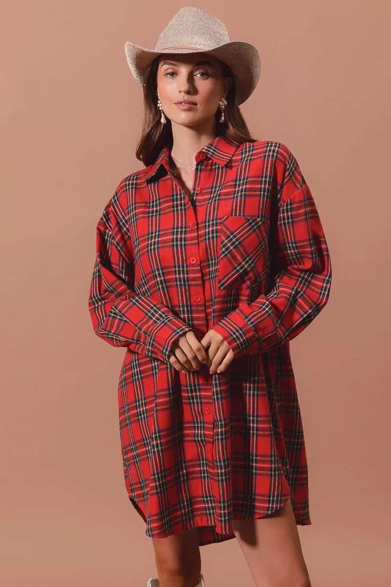 SO ME Christmas Checker Plaid Button Up Shirt Dress - Trendsi - Flyclothing LLC