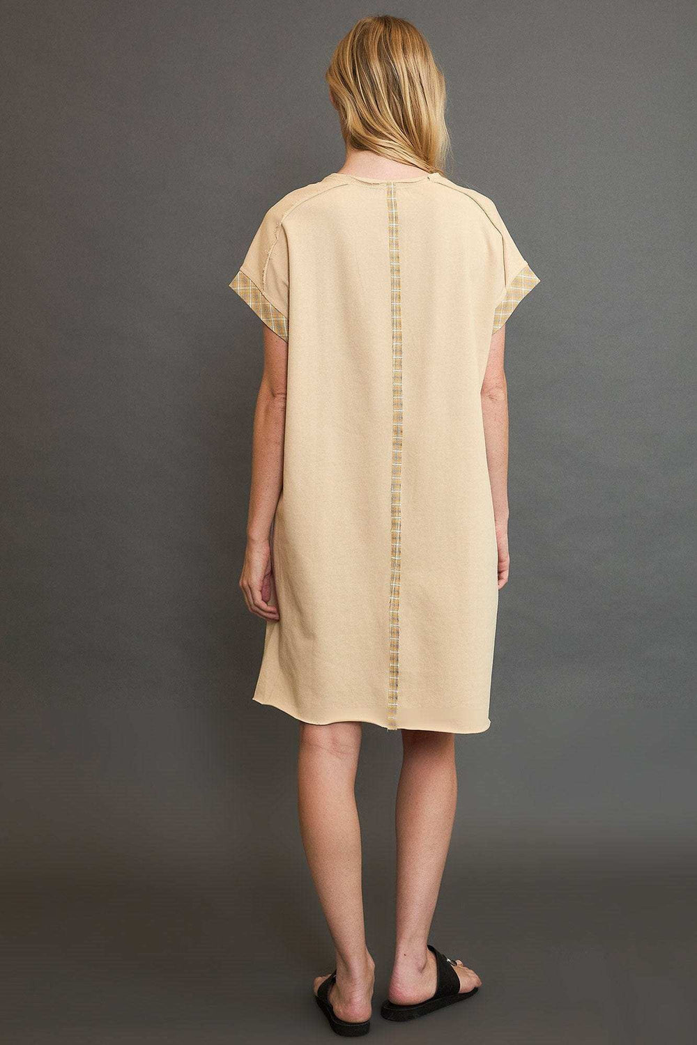 Umgee Peace Plaid Applique Short Sleeve Mini Dress - Trendsi - Flyclothing LLC