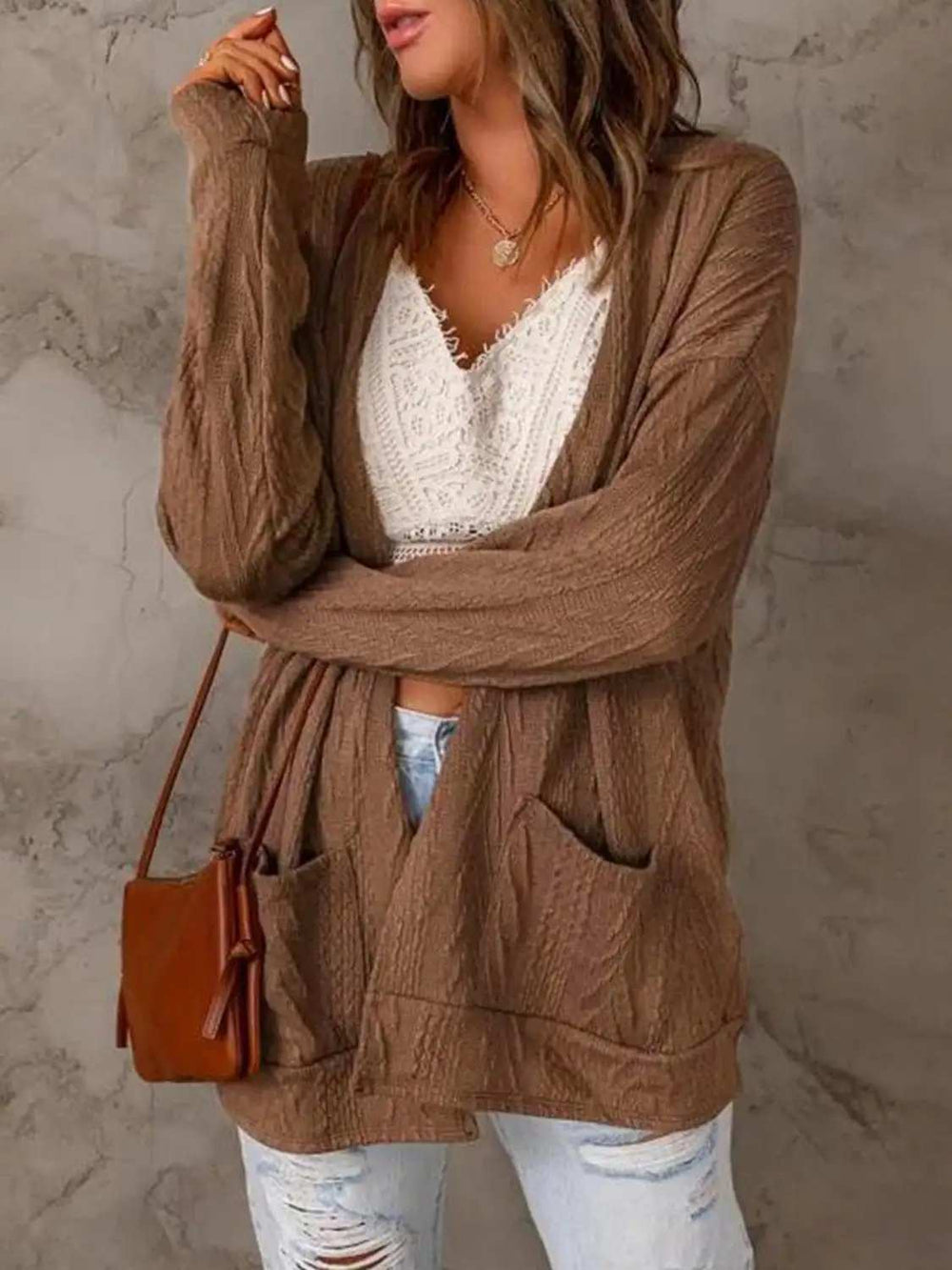 Pocketed Open Front Long Sleeve Cardigan - Trendsi - Flyclothing LLC