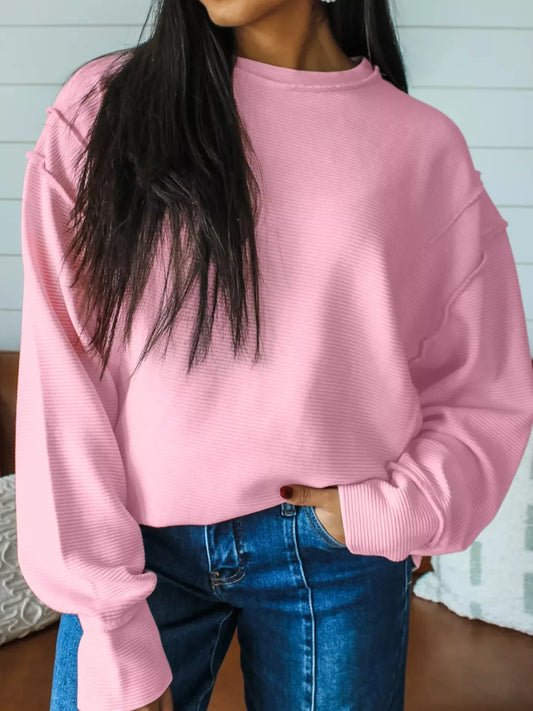 Horizontal Ribbed Exposed Seam Detail Drop Shoulder Baggy Pullover - Trendsi - Flyclothing LLC