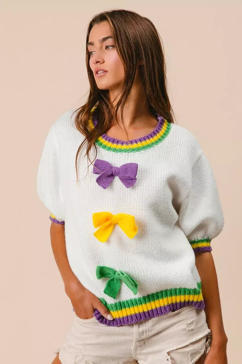 BiBi Short Puff Sleeve Ribbon Bow Mardi Gras Sweater - Trendsi - Flyclothing LLC