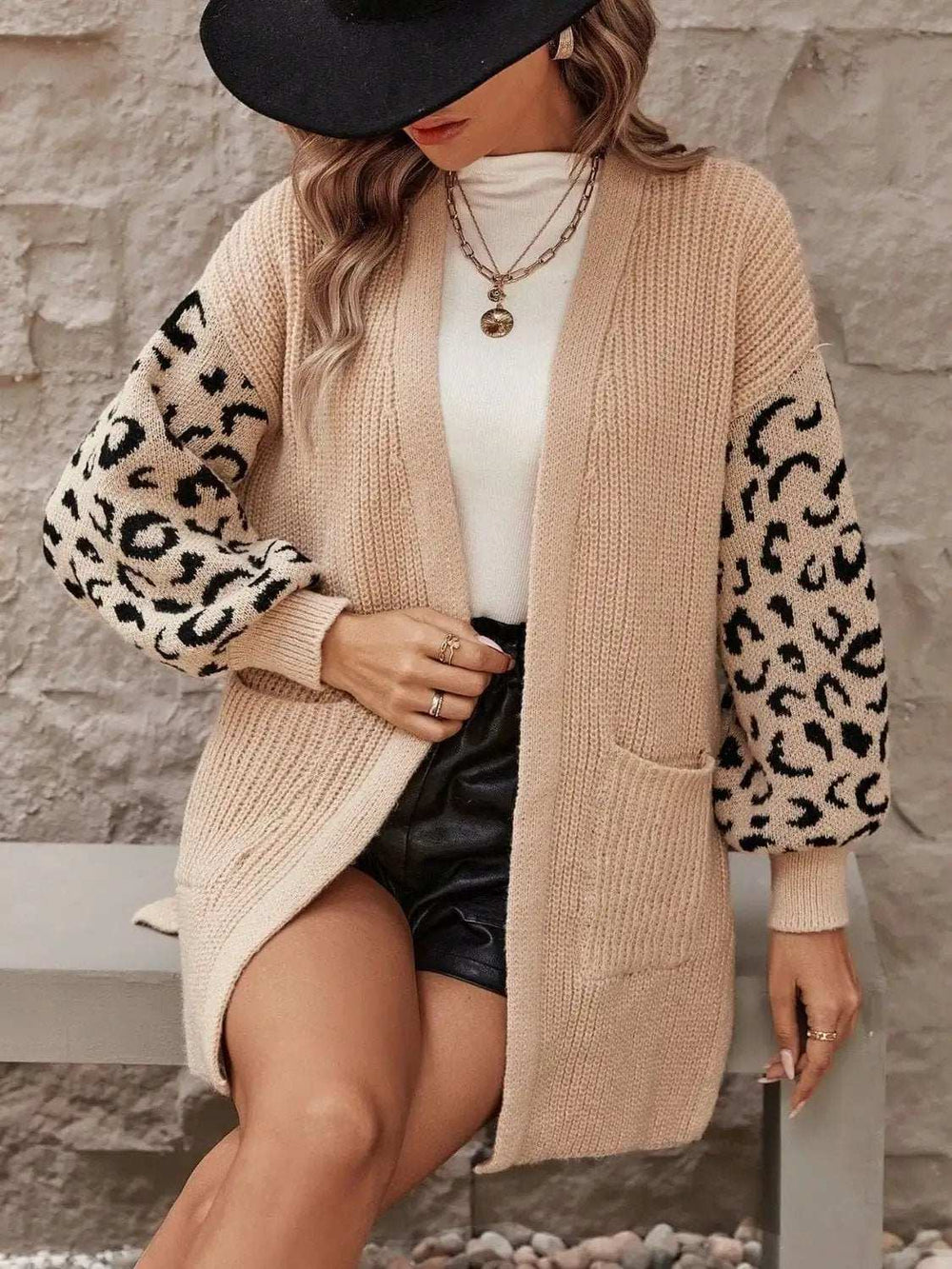 Pocketed Leopard Open Front Cardigan - Trendsi - Flyclothing LLC