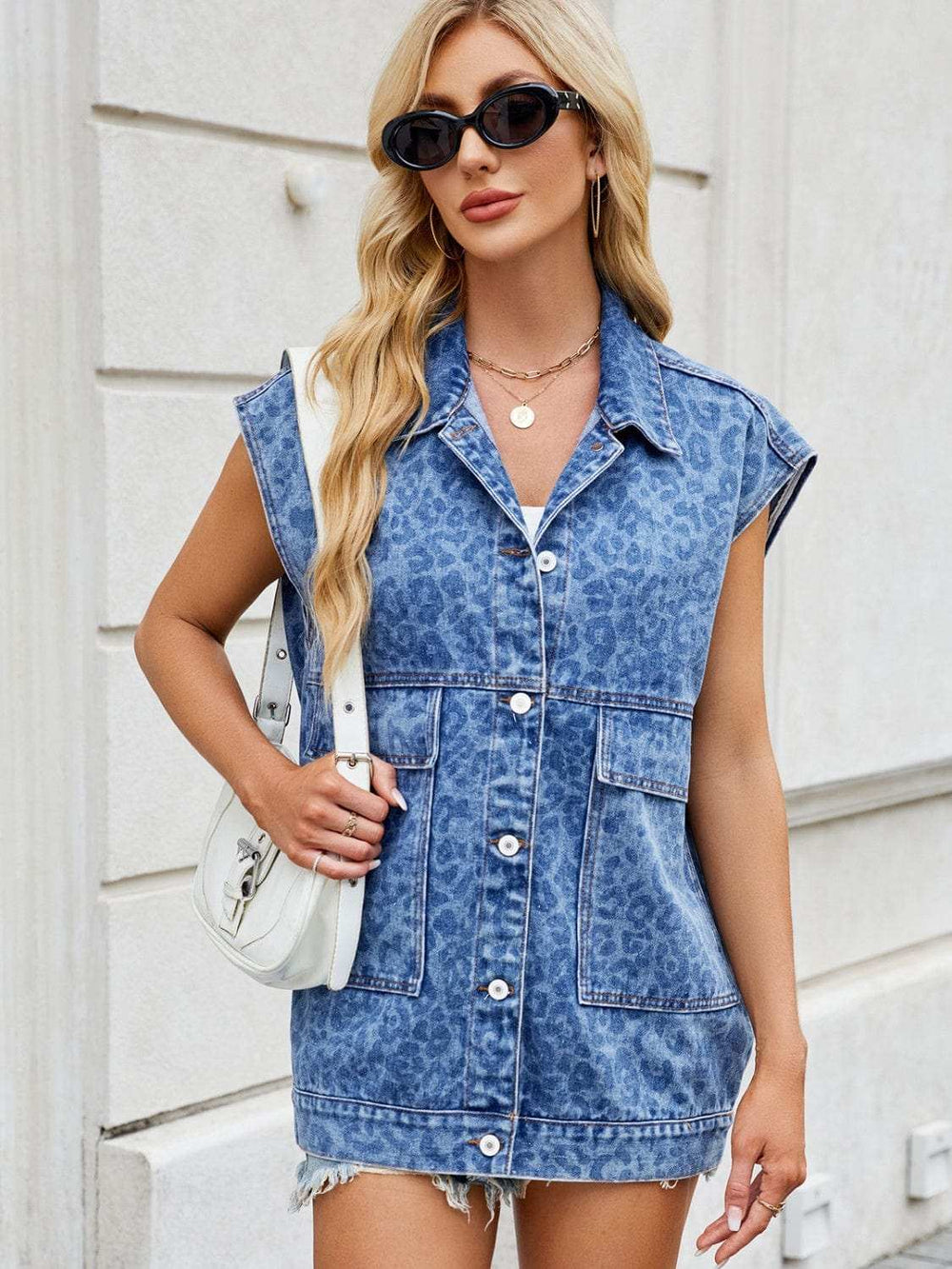 Leopard Button Up Cap Sleeve Denim Jacket - Trendsi - Flyclothing LLC