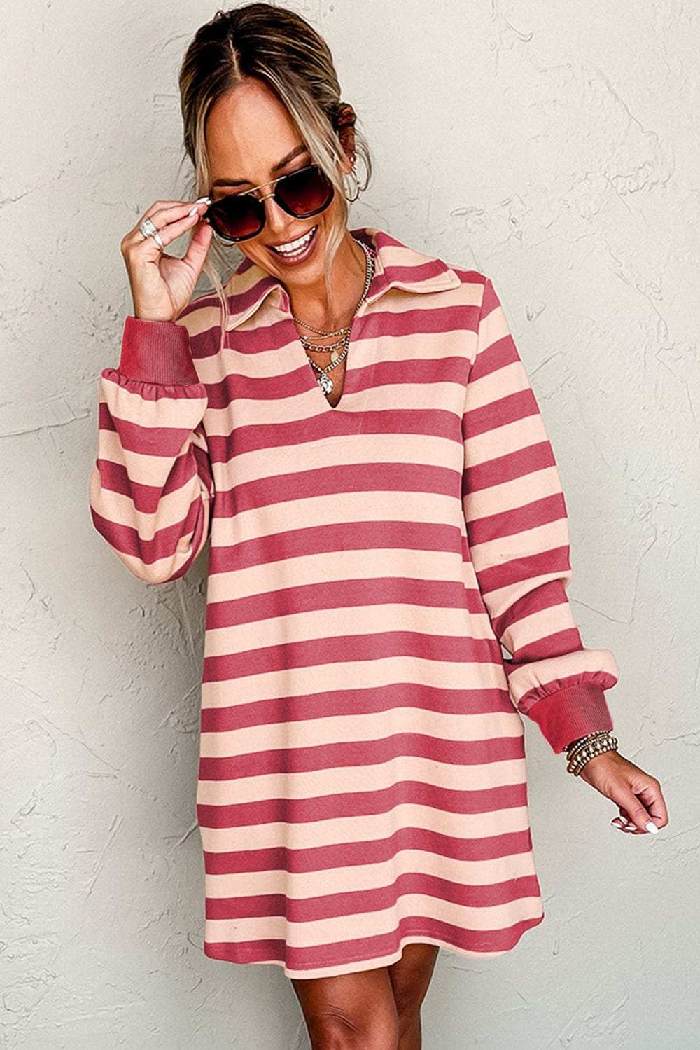 Contrast Striped Johnny Collar Long Sleeve Mini Dress - Trendsi - Flyclothing LLC