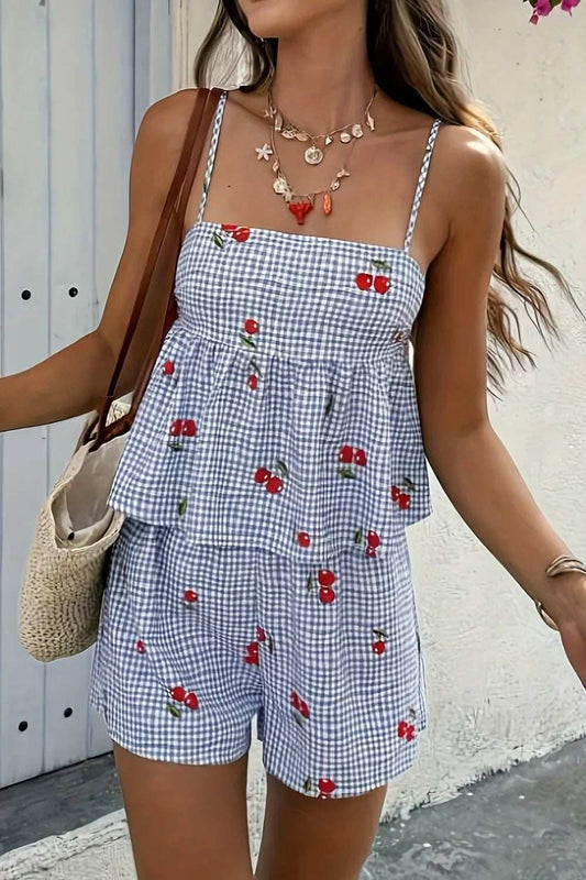 Floral Gingham Print Cami and Shorts Two-Piece Set - Trendsi - Flyclothing LLC