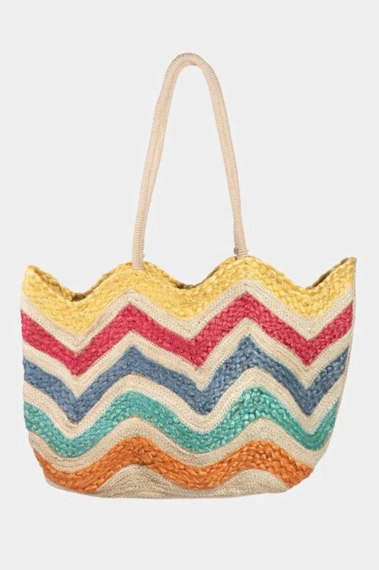 Fame Wavy Rainbow Straw Tote Bag - Trendsi - Flyclothing LLC