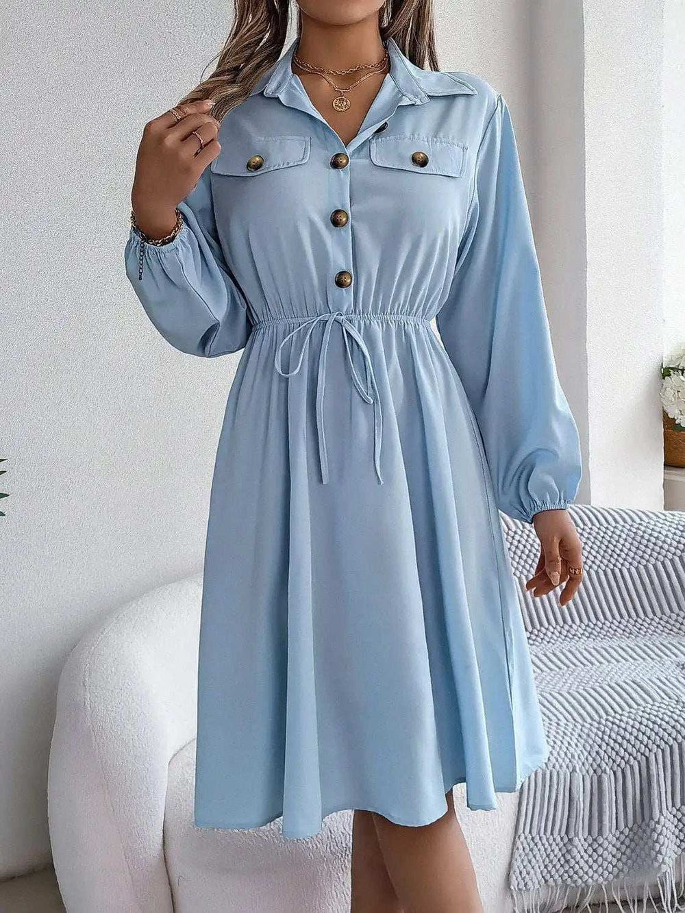 Collared Neck Long Sleeve Dress with Pockets - Trendsi - Flyclothing LLC