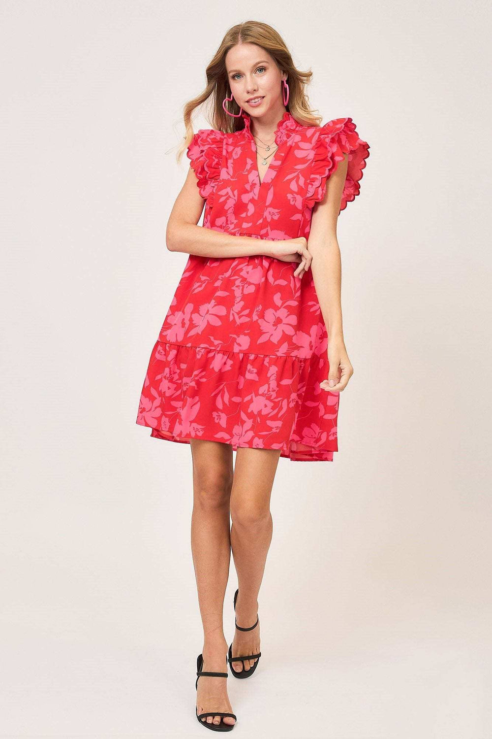 Umgee Full Size Two Tone Floral Print Ruffle Cap Sleeve Mini Dress Plus Size - Trendsi - Flyclothing LLC