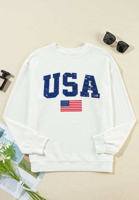 US Flag Corded Long Sleeve Sweatshirt - Trendsi - Flyclothing LLC