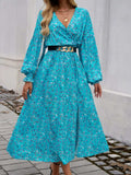 Split Printed Surplice Long Sleeve Midi Dress - Trendsi - Flyclothing LLC