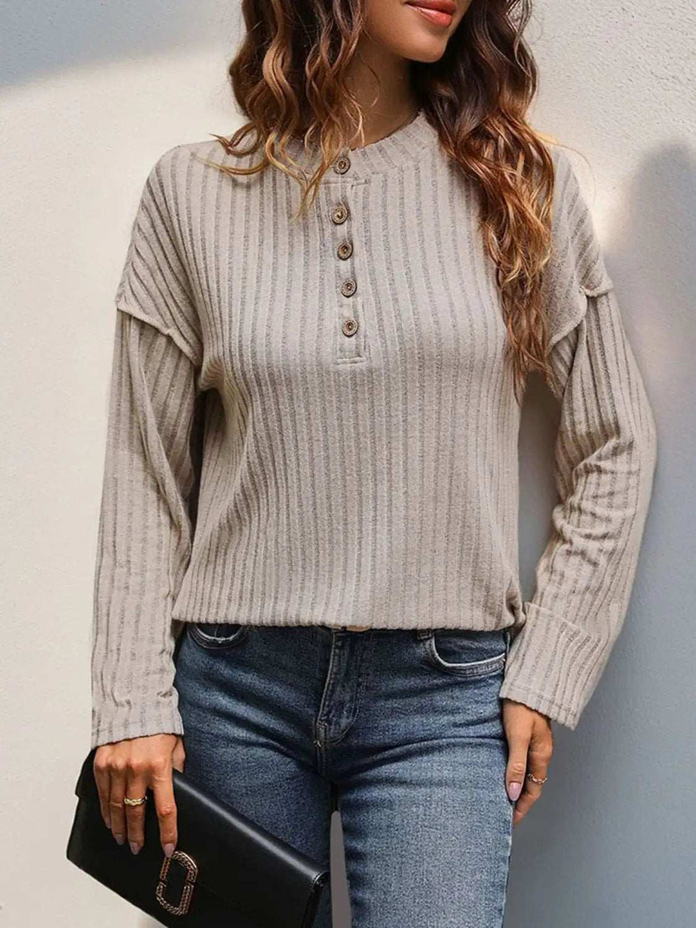 Slit Half Button Long Sleeve T-Shirt - Trendsi - Flyclothing LLC