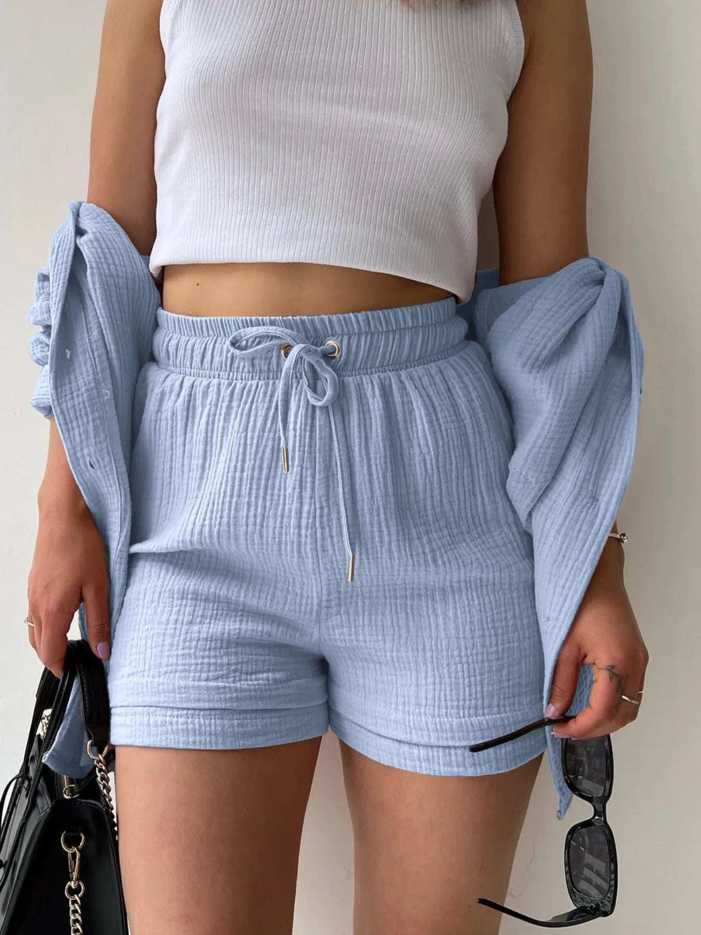 Textured Button Up Shirt and Shorts Set - Trendsi - Flyclothing LLC