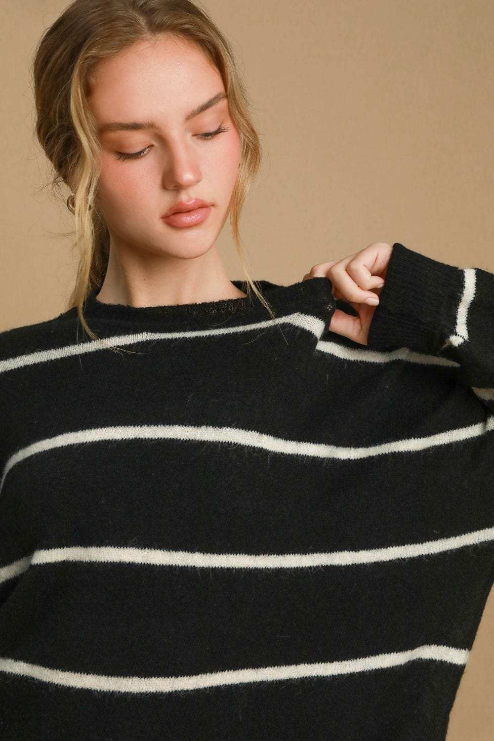 Umgee Wool Blend Striped Round Neck Sweater - Trendsi - Flyclothing LLC