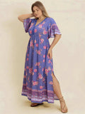 Plus Size Printed V-Neck Flutter Sleeve Dress - Trendsi - Flyclothing LLC