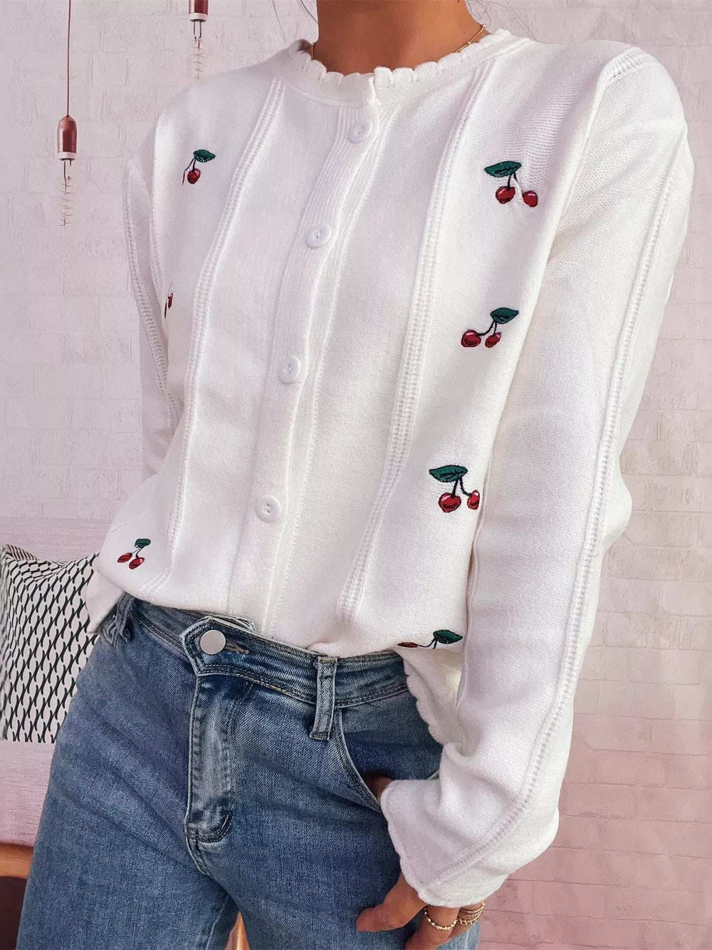 Cherry Embroidered Button Up Cardigan - Trendsi - Flyclothing LLC