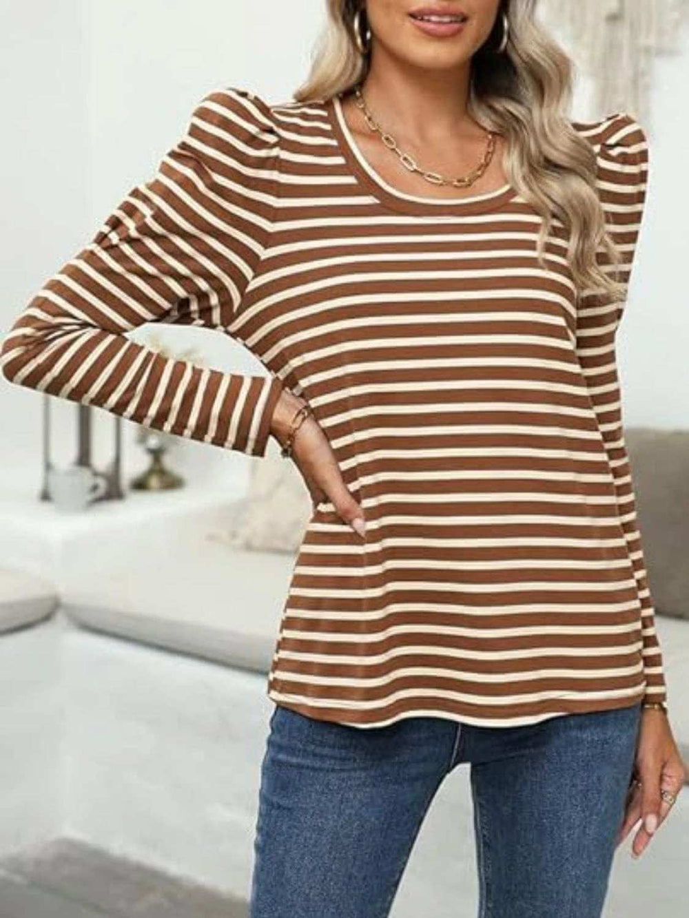 Striped Round Neck Long Sleeve T-Shirt - Trendsi - Flyclothing LLC