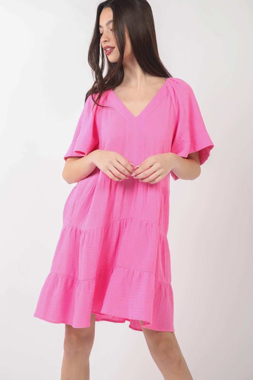 VERY J Texture V-Neck Ruffled Tiered Dress - Trendsi - Flyclothing LLC