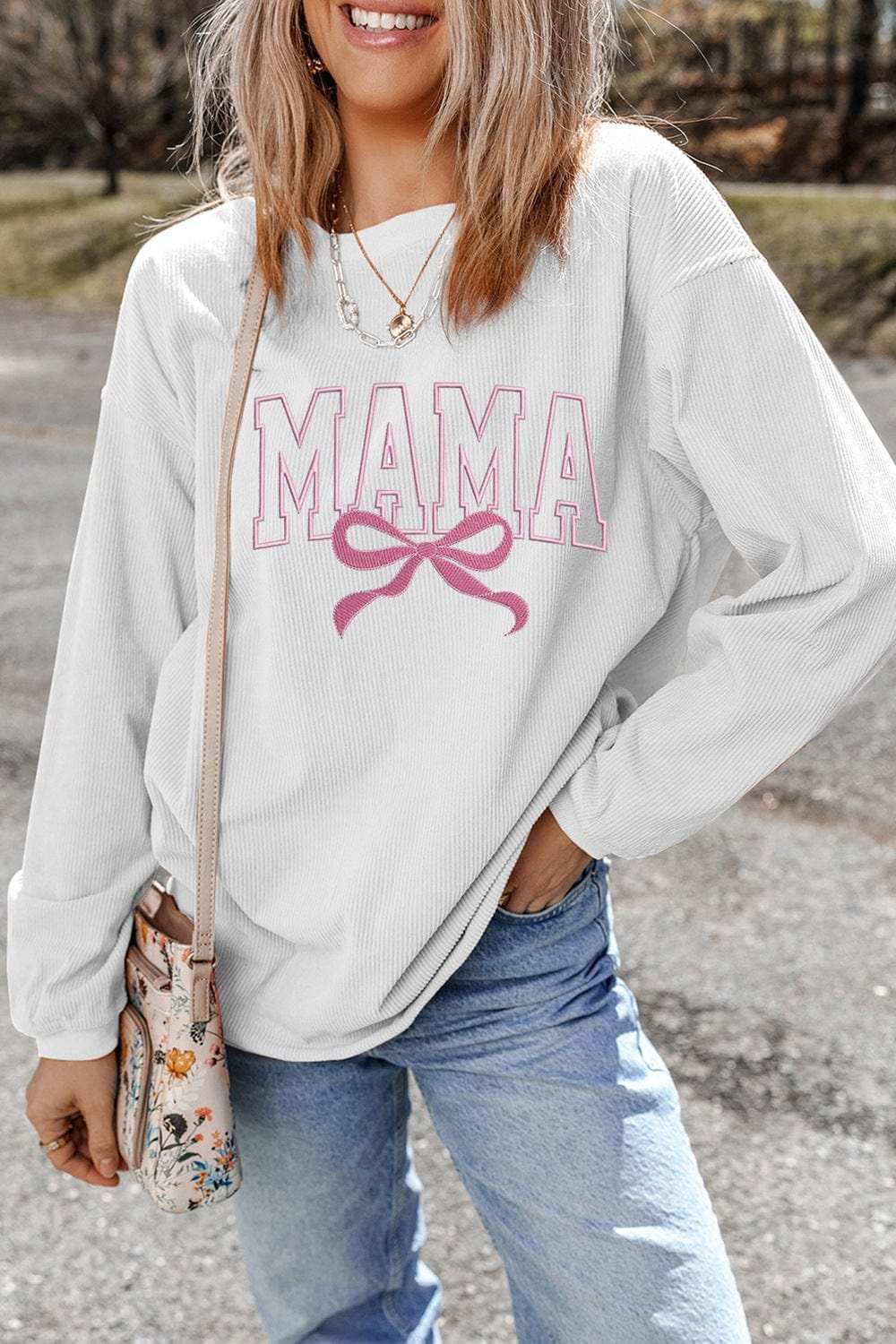 MAMA Bow Round Neck Long Sleeve Sweatshirt - Trendsi - Flyclothing LLC