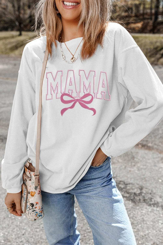 MAMA Bow Round Neck Long Sleeve Sweatshirt - Trendsi - Flyclothing LLC