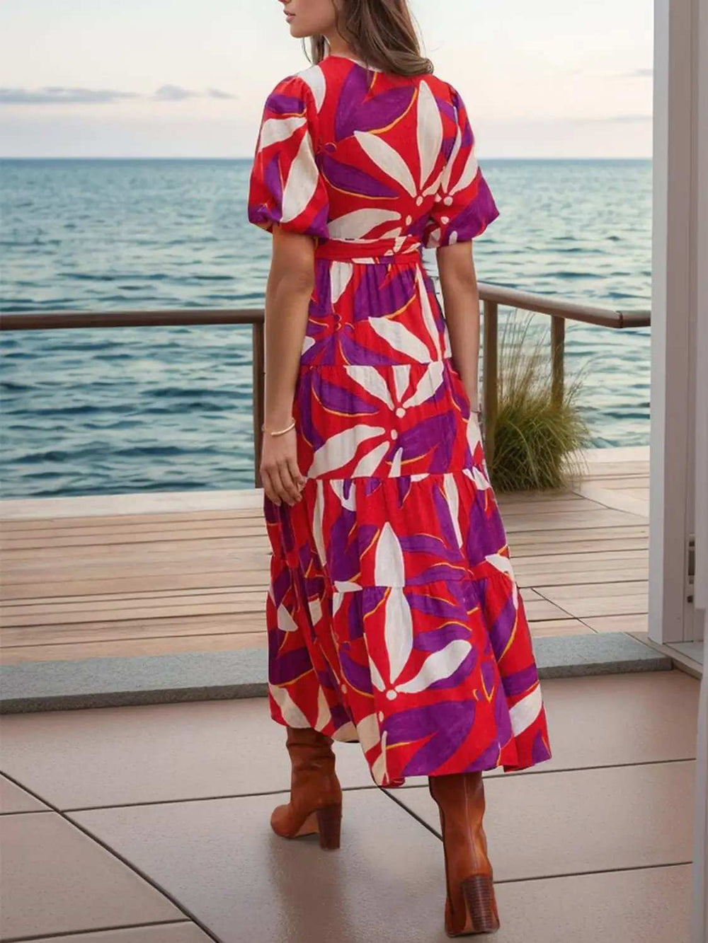 Tied Slit Printed Half Sleeve Midi Dress - Trendsi - Flyclothing LLC