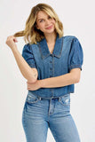 RISEN Button Down Puff Sleeve Crop Denim Shirt - Trendsi - Flyclothing LLC