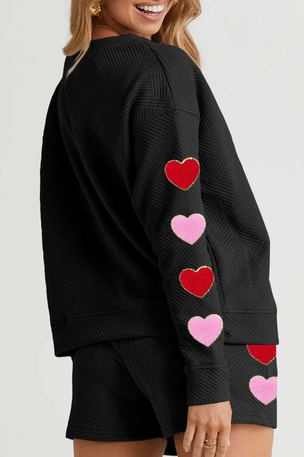 Heart Texture Round Neck Top and Drawstring Shorts Set - Trendsi - Flyclothing LLC