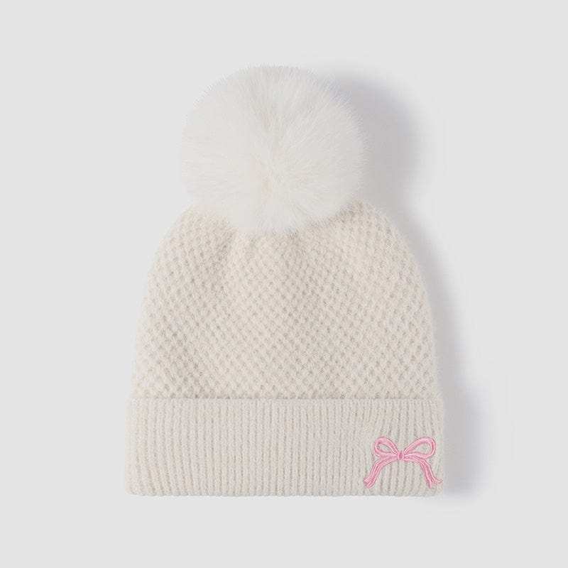 Thermal Bow Knit Hat with Pompom - Trendsi - Flyclothing LLC