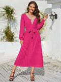 V-Neck Long Sleeve Pleated Dress - Trendsi - Flyclothing LLC