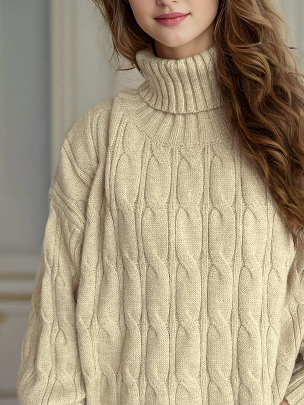 Cable-Knit Turtleneck Long Sleeve Sweater - Trendsi - Flyclothing LLC