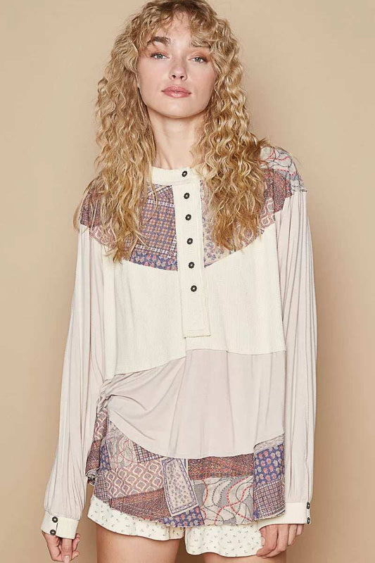 POL Half Button Balloon Sleeve Top with Printed Knit Contrast - Trendsi - Flyclothing LLC